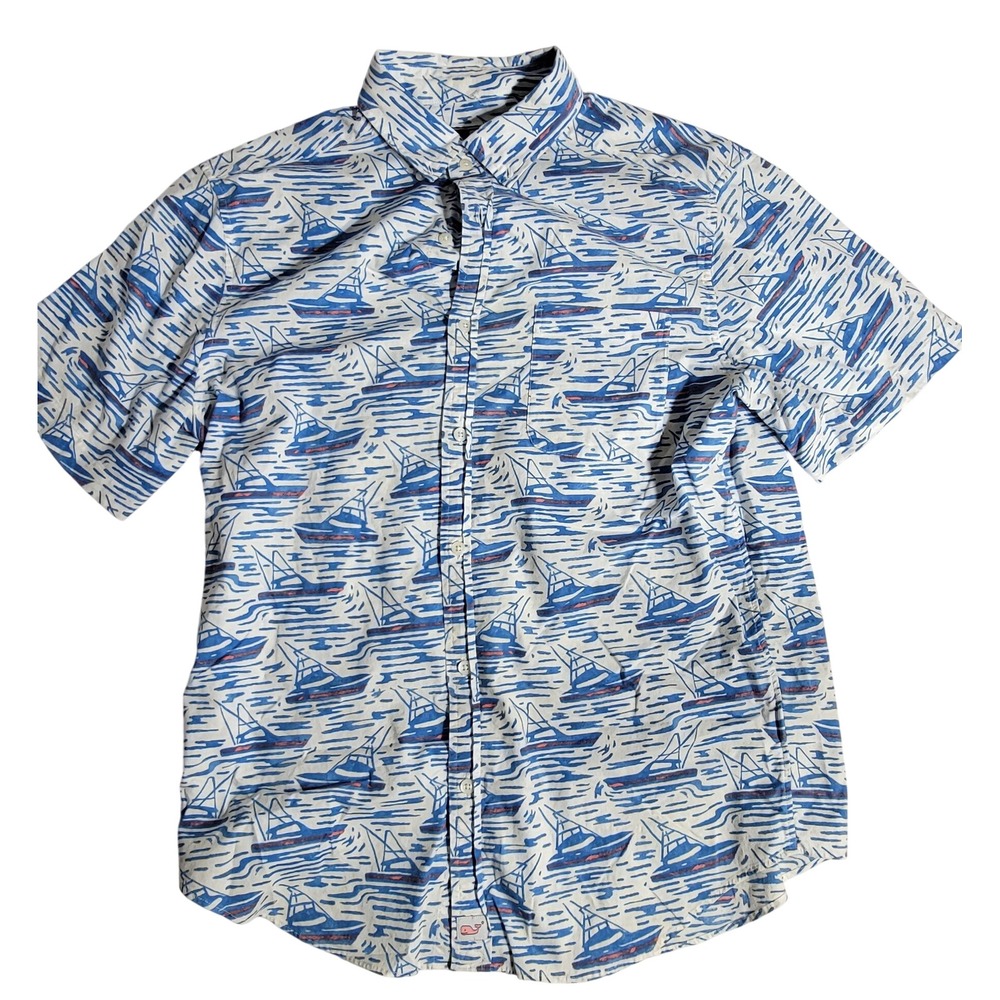 Vineyard Vines Mens Classic Fit Murray Shirt Blue White Fishing Boat Print M